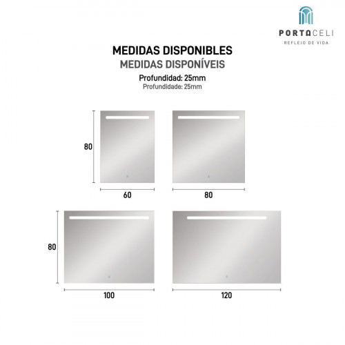 Espejo de baño rectangular con luz LED funcional Push 100x80 cm con táctil, bluetooth color plata