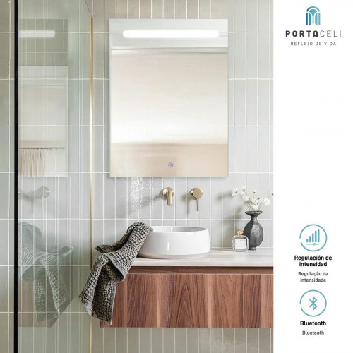 Espejo de baño rectangular con luz LED funcional Push 120x80 cm táctil, altavoz color plata