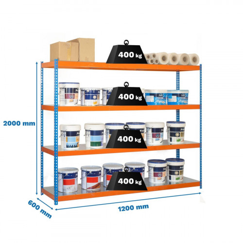 Estantería metálica en kit sin tornillos de metal de 200x120x60 cm 4B 400kg/balda azul/naranja/galvanizado
