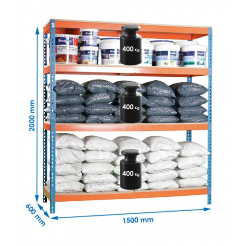 Estantería metálica industrial, 200x150x60 cm, 4 Baldas, 400kg/balda, Azul/Naranja, SimonRack Ecoforte