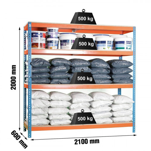 Estantería metálica industrial, 200x210x60 cm, 4 Baldas, 500kg/balda, Azul/Naranja, SimonRack