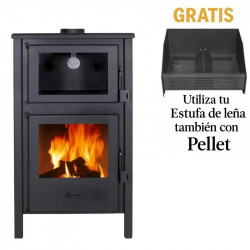 Estufa de leña + convertidor a pellets gratis con horno quartz
