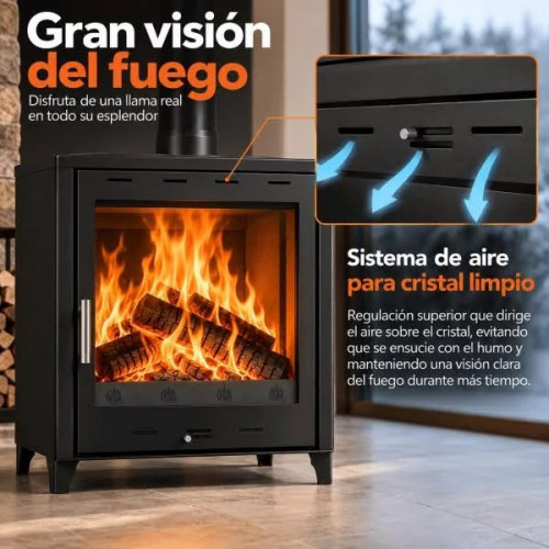 Estufa de leña grande modelo G 14.3 Kw Chimenea moderna de leña con puerta cristal