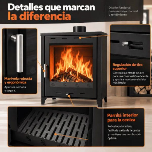 Estufa de leña grande modelo G 14.3 Kw Chimenea moderna de leña con puerta cristal