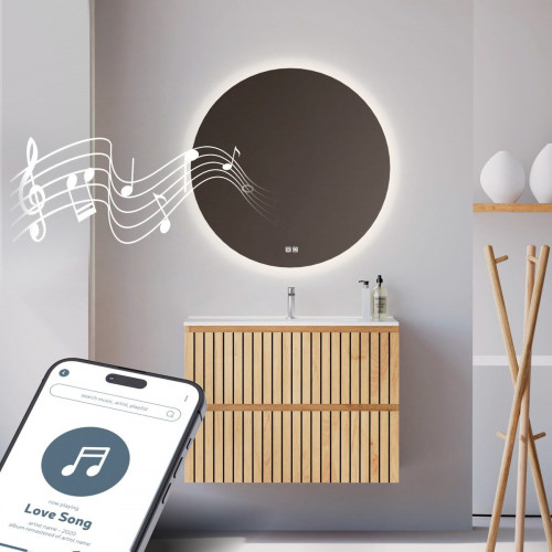 Feel Your Bath Espejo Bluetooth de Baño Redondo, Luz LED Regulable, 80cm, con Interruptor Táctil, Antivaho y Apagado Automático