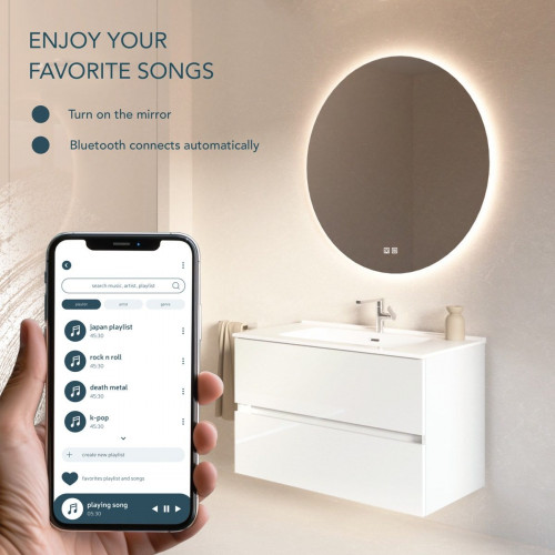 Feel Your Bath Espejo Bluetooth de Baño Redondo, Luz LED Regulable, 80cm, con Interruptor Táctil, Antivaho y Apagado Automático