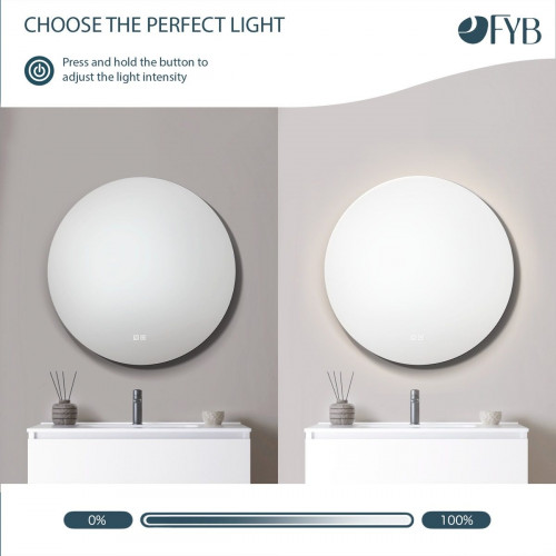 Feel Your Bath Espejo Bluetooth de Baño Redondo, Luz LED Regulable, 80cm, con Interruptor Táctil, Antivaho y Apagado Automático