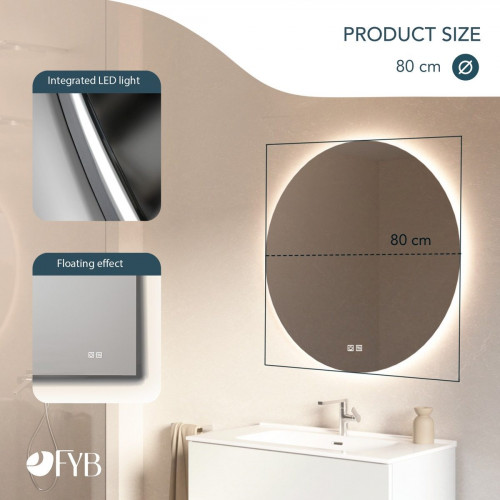 Feel Your Bath Espejo Bluetooth de Baño Redondo, Luz LED Regulable, 80cm, con Interruptor Táctil, Antivaho y Apagado Automático