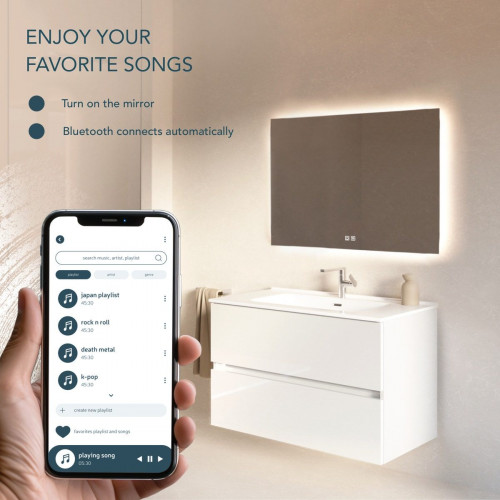 Feel Your Bath Espejo Rectangular LED 100x70 cm con Bluetooth, Antivaho, Interruptor Táctil, Apagado Automático y Fácil Instalación