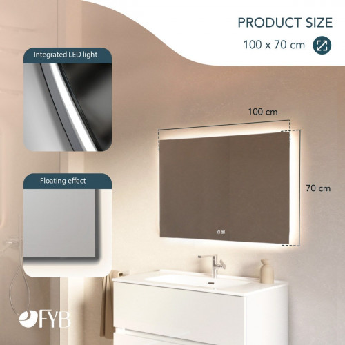 Feel Your Bath Espejo Rectangular LED 100x70 cm con Bluetooth, Antivaho, Interruptor Táctil, Apagado Automático y Fácil Instalación