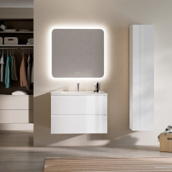 Feel Your Bath, Mueble De Baño PANTER Blanco 80 cm, 2 Cajones, Encimera Cerámica Integrada Y Espejo Cuadrado LED Antivaho