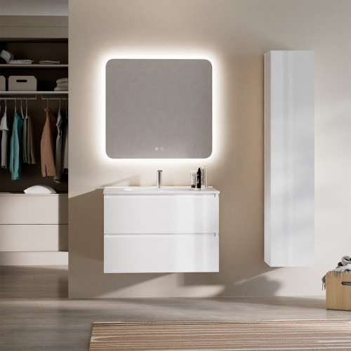 Feel Your Bath, Mueble De Baño PANTER Blanco 80 cm, 2 Cajones, Encimera Cerámica Integrada Y Espejo Cuadrado LED Antivaho