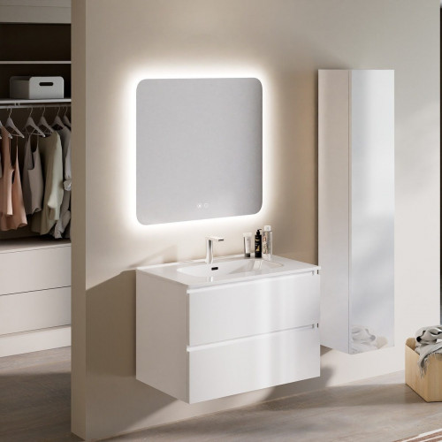 Feel Your Bath, Mueble De Baño PANTER Blanco 80 cm, 2 Cajones, Encimera Cerámica Integrada Y Espejo Cuadrado LED Antivaho