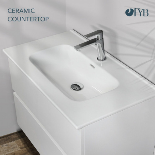Feel Your Bath, Mueble De Baño PANTER Blanco 80 cm, 2 Cajones, Encimera Cerámica Integrada Y Espejo Cuadrado LED Antivaho