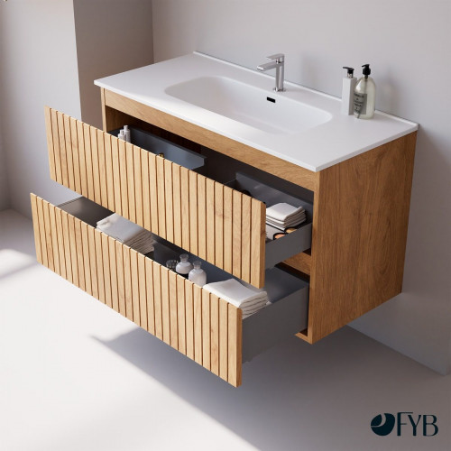 Feel Your Bath, Mueble Suspendido 60 cm, Color Roble Nórdico con 2 Cajones Soft Close y Encimera de Cerámica Blanca Integrada – Serie TIGER