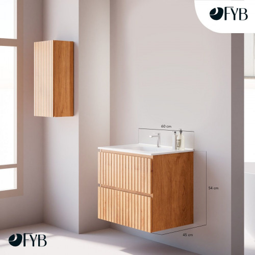 Feel Your Bath, Mueble Suspendido 60 cm, Color Roble Nórdico con 2 Cajones Soft Close y Encimera de Cerámica Blanca Integrada – Serie TIGER