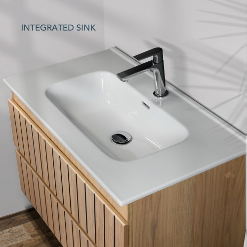 Feel Your Bath, Mueble Suspendido 60 cm, Color Roble Nórdico con 2 Cajones Soft Close y Encimera de Cerámica Blanca Integrada – Serie TIGER