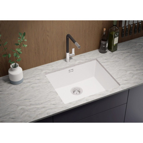 Fregadero bajo Encimera Blanco 56x47cm, Cocina 1 Seno + Sifón, Granito al mueble 60cm - London PRIMAGRAN