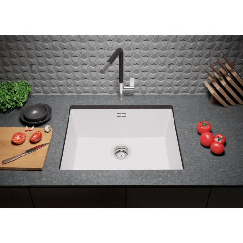 Fregadero bajo Encimera Blanco 56x47cm, Cocina 1 Seno + Sifón, Granito al mueble 60cm - London PRIMAGRAN