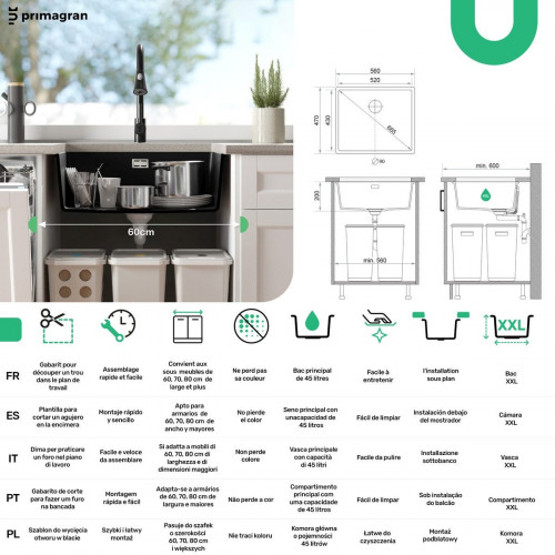Fregadero bajo Encimera Blanco 56x47cm, Cocina 1 Seno + Sifón, Granito al mueble 60cm - London PRIMAGRAN