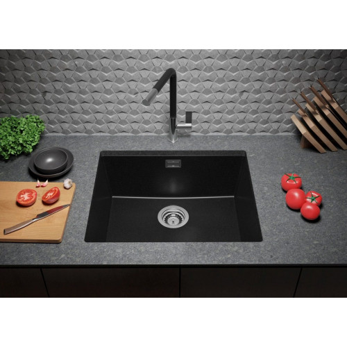 Fregadero bajo Encimera Todo Negro 56x47cm, Cocina 1 Seno + Sifón, Granito al mueble 60cm - London PRIMAGRAN