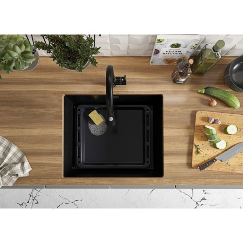Fregadero bajo Encimera Todo Negro 56x47cm, Cocina 1 Seno + Sifón, Granito al mueble 60cm - London PRIMAGRAN