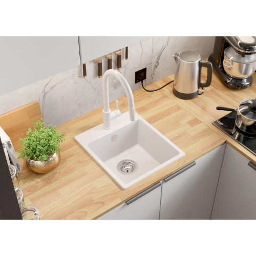 Fregadero Cocina Blanco 38x44cm, Granito 1 Seno + Sifón, Sobre encimera al mueble 40cm - Riga Easy PRIMAGRAN