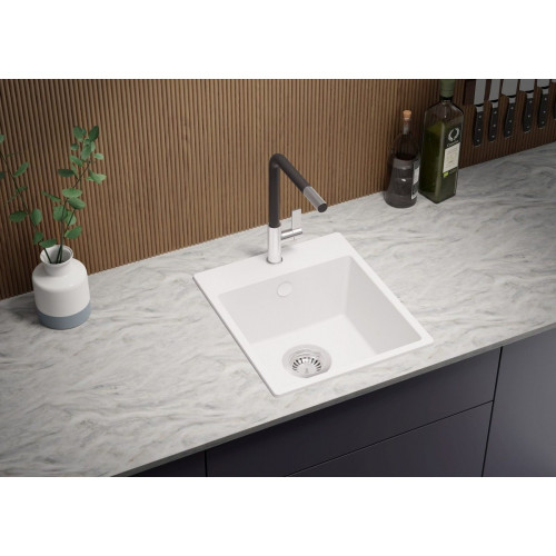 Fregadero Cocina Blanco 38x44cm, Granito 1 Seno + Sifón, Sobre encimera al mueble 40cm - Riga Easy PRIMAGRAN