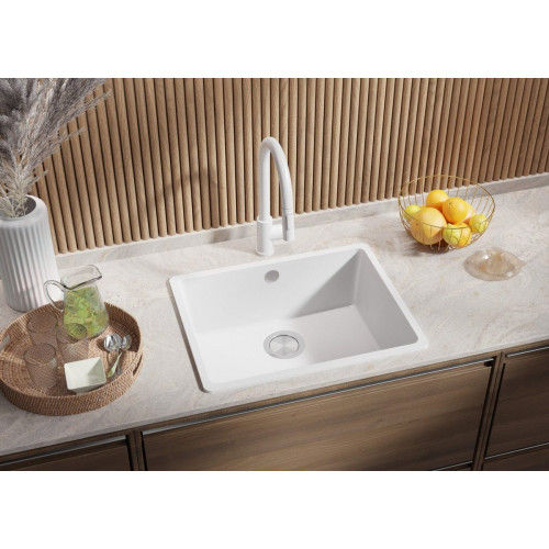 Fregadero Cocina Blanco 56x44cm, Granito 1 Seno + Sifón, Sobre encimera al mueble 60cm - Venecia Slim Easy PRIMAGRAN