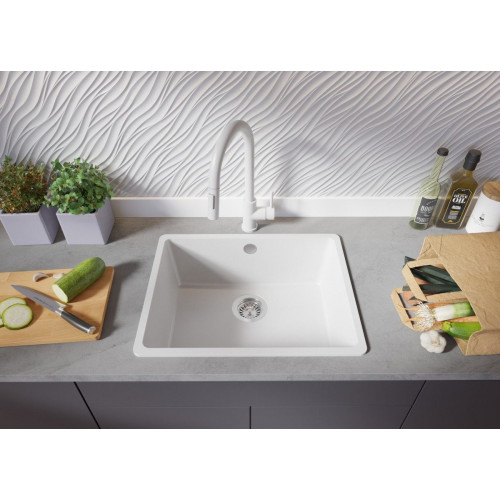Fregadero Cocina Blanco 56x44cm, Granito 1 Seno + Sifón, Sobre encimera al mueble 60cm - Venecia Slim Easy PRIMAGRAN