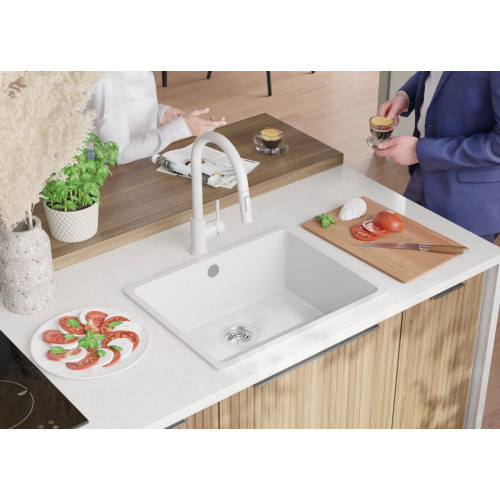 Fregadero Cocina Blanco 56x44cm, Granito 1 Seno + Sifón, Sobre encimera al mueble 60cm - Venecia Slim Easy PRIMAGRAN