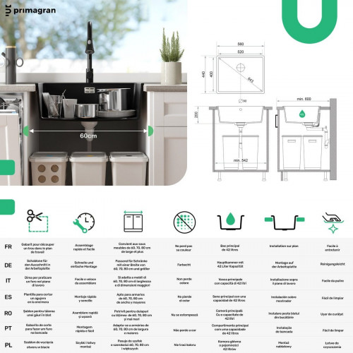 Fregadero Cocina Blanco 56x44cm, Granito 1 Seno + Sifón, Sobre encimera al mueble 60cm - Venecia Slim Easy PRIMAGRAN