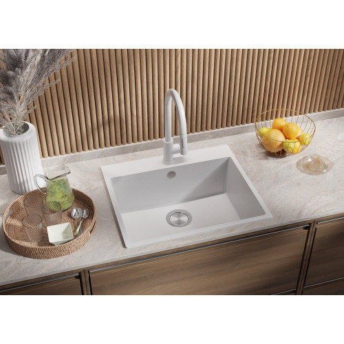 Fregadero Cocina Blanco 58x50cm, Granito 1 Seno + Sifón, Sobre encimera al mueble 60cm - Riga PRIMAGRAN