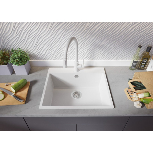 Fregadero Cocina Blanco 58x50cm, Granito 1 Seno + Sifón, Sobre encimera al mueble 60cm - Riga PRIMAGRAN