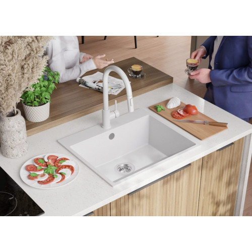 Fregadero Cocina Blanco 58x50cm, Granito 1 Seno + Sifón, Sobre encimera al mueble 60cm - Riga PRIMAGRAN