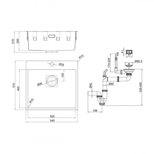 Fregadero cocina Delinia Loft sobre encimera 1 seno con sifón 51.5x55 cm acero inox mueble a partir de 60 cm