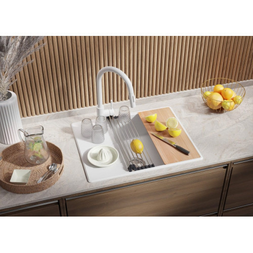 Fregadero Cocina Todo Blanco 62x50cm, Granito 1 Seno + Sifón + Tabla de cortar, Sobre encimera al mueble 50cm - Copenhague PRIMAGRAN