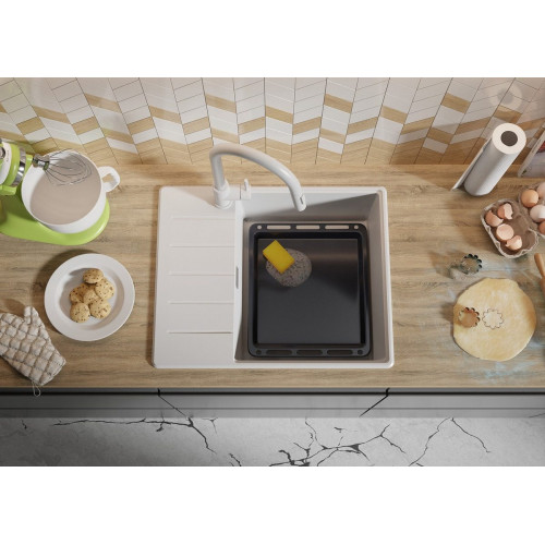 Fregadero Cocina Todo Blanco 62x50cm, Granito 1 Seno + Sifón + Tabla de cortar, Sobre encimera al mueble 50cm - Copenhague PRIMAGRAN