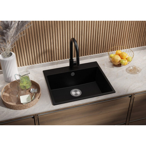 Fregadero Cocina Todo Negro 58x50cm, Granito 1 Seno + Sifón, Sobre encimera al mueble 60cm - Riga PRIMAGRAN