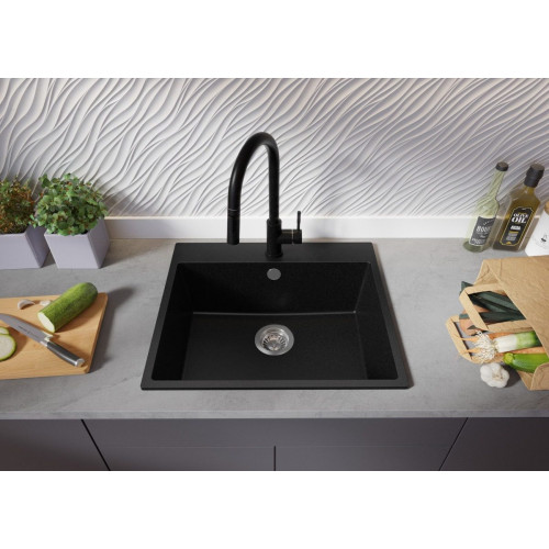 Fregadero Cocina Todo Negro 58x50cm, Granito 1 Seno + Sifón, Sobre encimera al mueble 60cm - Riga PRIMAGRAN