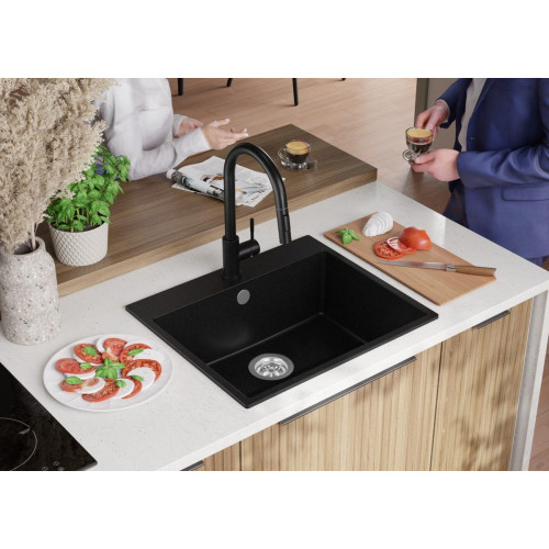 Fregadero Cocina Todo Negro 58x50cm, Granito 1 Seno + Sifón, Sobre encimera al mueble 60cm - Riga PRIMAGRAN