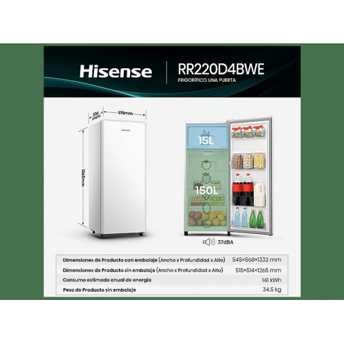 Frigorífico una puerta - Hisense RR220D4BWE, Cíclico, 126.5 cm, 165 L, Balconera XXL, Cajón frutas y verduras, Blanco