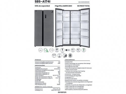Frigorifico americano - INFINITON SBS-A174I, No Frost, Altura 176,8 cm, Capacidad 505 l, Inox