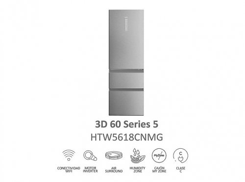 Frigorífico combi - Haier Series 5 HTW5618CNMG, No Frost, 185 cm, 360 l, Clase C, WiFi, My Zone, Inox