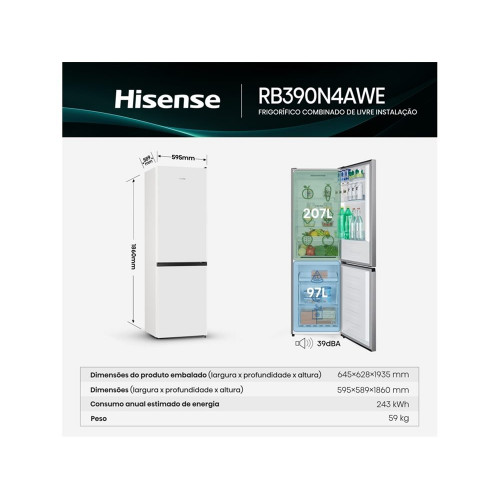 Frigorífico Combi HISENSE RB390N4AWE (No Frost - 186 cm - 304 L - Blanco)
