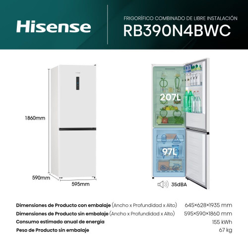 Frigorífico combi Hisense Total No Frost, Multi AirFlow - RB390N4BWC Blanco