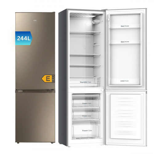 Frigorífico Combi VOK 244L - 180cm, Cíclico, Cajón Fresh, Puertas Reversibles, Luz LED, Inox, EVR-244DEI