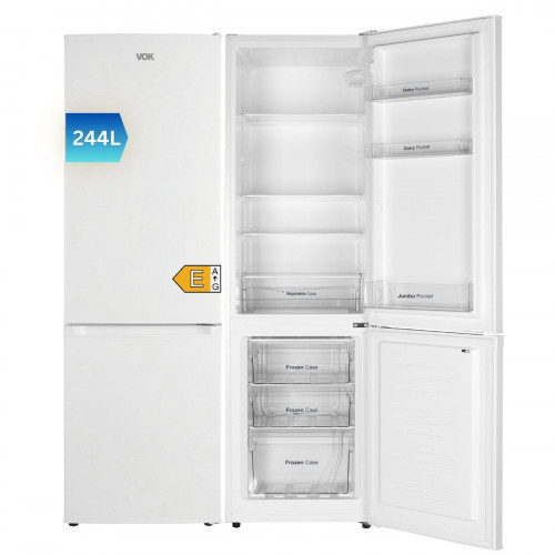 Frigorífico Combi VOK de 244L - 180 cm, Clase E, Cajón Fresh, Luz LED, Puertas Reversibles, Estanterias de Cristal Reforzado, Blanco, EVR-244DEW