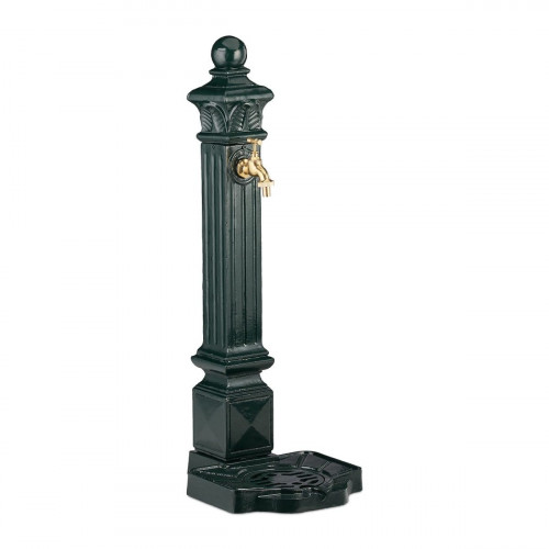 Fuente de jardín de pie con columna, grifo y pila de aluminio fundido, estilo antiguo, verde oscuro y dorado, 80 x 28 x 32 cm, Relaxdays