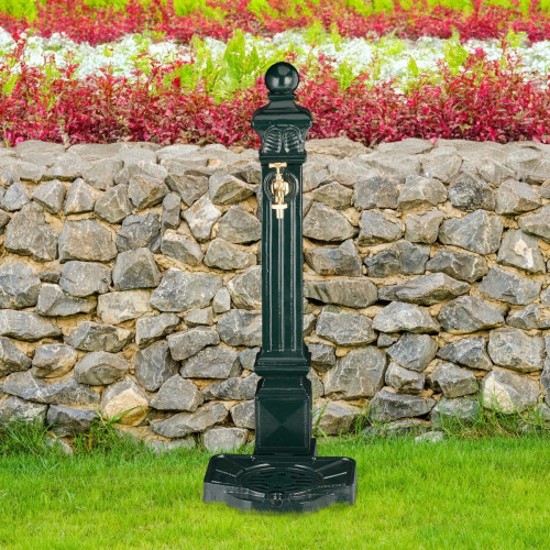 Fuente de jardín de pie con columna, grifo y pila de aluminio fundido, estilo antiguo, verde oscuro y dorado, 80 x 28 x 32 cm, Relaxdays